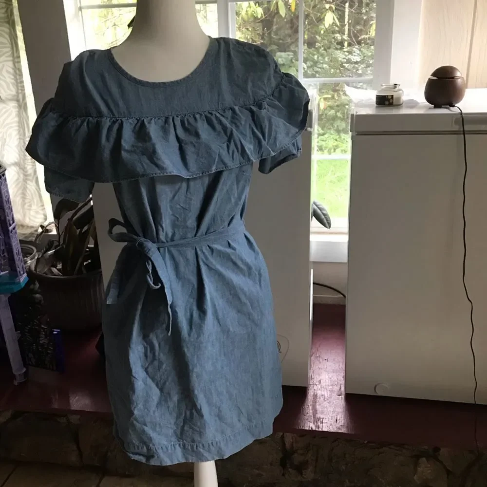 j crew Edie ruffle yoke chambray denim mini sheath dress with belt